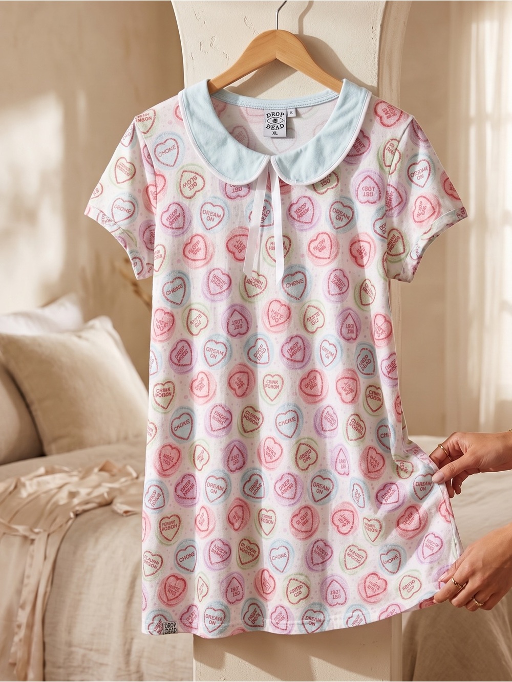 Pink Conversation Heart Print Short Sleeve Top with Light Blue Peter Pan Collar